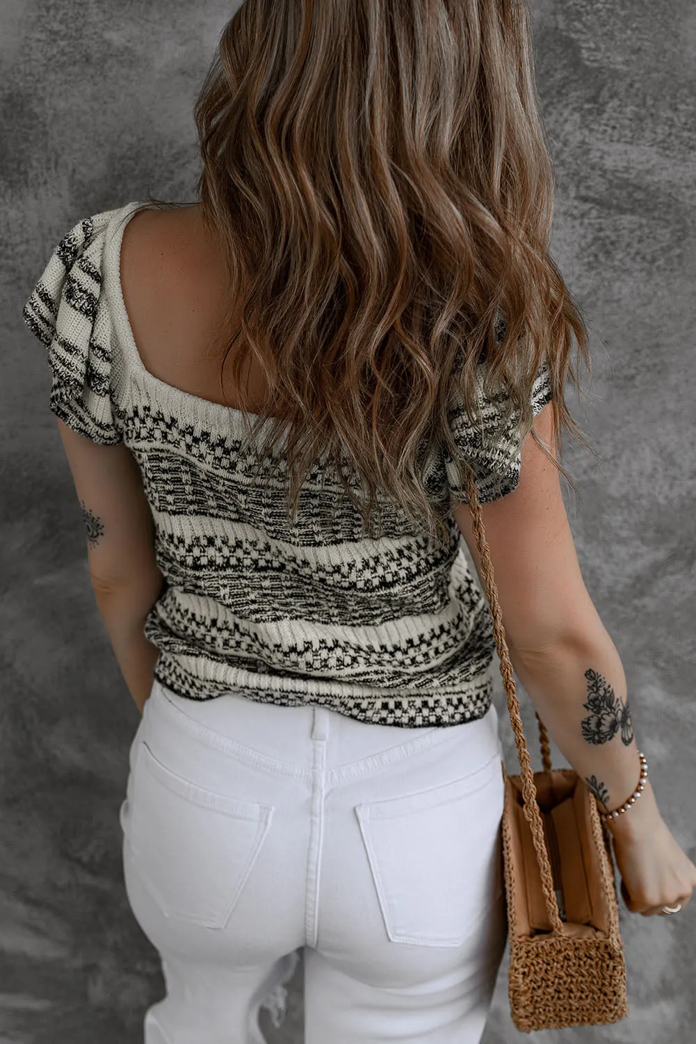 White Contrast Knitted Square Neck Ruffle Sleeve Top