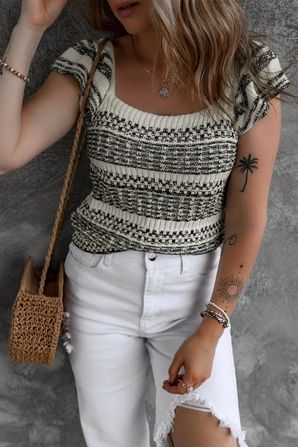 White Contrast Knitted Square Neck Ruffle Sleeve Top