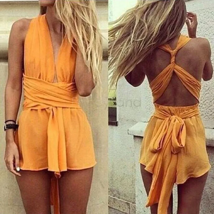 Women Fashion Casual Playsuit summer Overalls Sexy Strap Deep V Neck Sleeveless Backless High Waist Solid Chiffon Jumpsuit 29