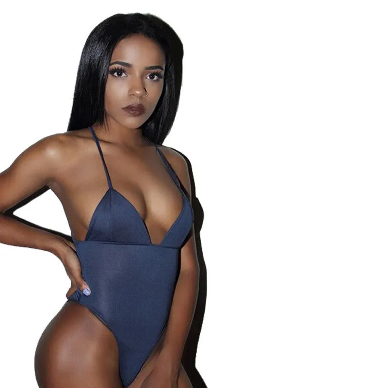 women high cut deep v one piece backless monokini bodysuit sling solid women short rompers jumpsuit