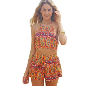 Women Sexy Vintage Straps Sunflower Print Jumpsuits summer Pants Playsuit Shorts Romper lady Floral Backless Frenum Chiffon Pant