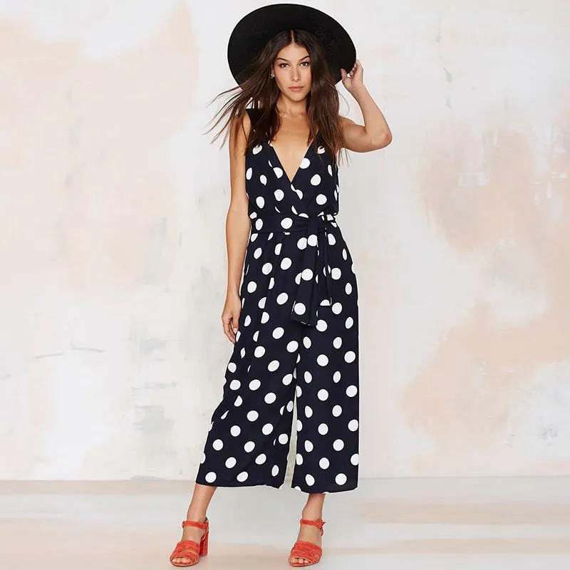 Women v-neck Backless Jumpsuits Dot Print Waisted Lady Rompers