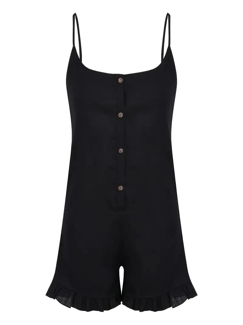 Women's Boho Spaghetti Strap Ruffled Jumpsuit - Casual Sleeveless Buttoned Short Romper