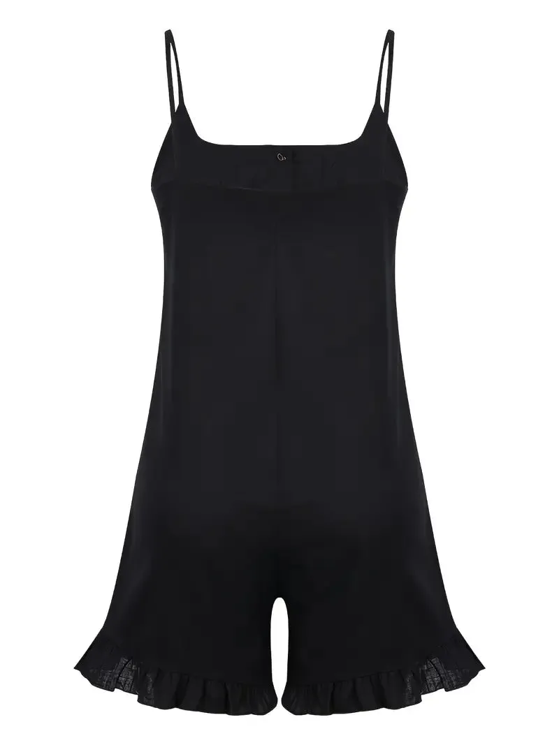Women's Boho Spaghetti Strap Ruffled Jumpsuit - Casual Sleeveless Buttoned Short Romper