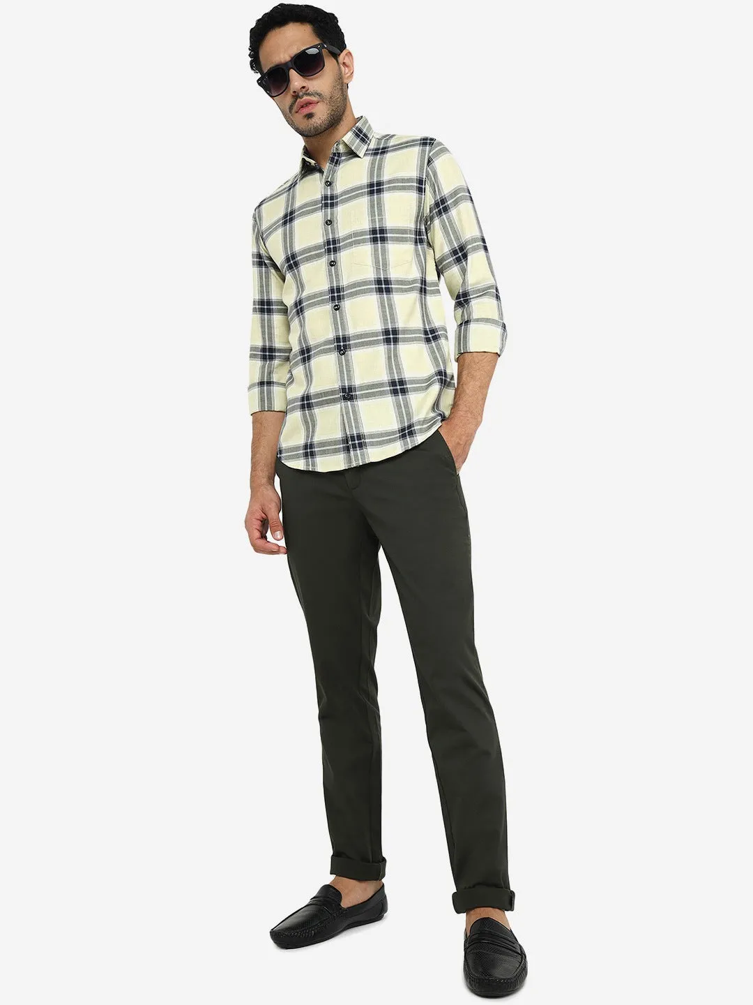 Yellow Checked Slim Fit Casual Shirt | Greenfibre